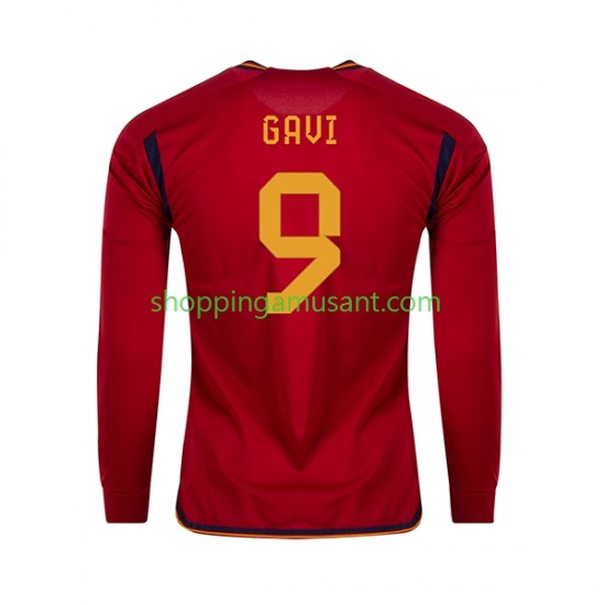 Maillot de Foot Espagne Gavi 9 Homme Domicile Coupe du Monde 2022 Manche Longue