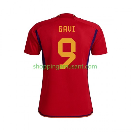Maillot de Foot Espagne Gavi 9 Homme Domicile Coupe du Monde 2022 Manche Courte