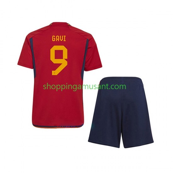 Maillot de Foot Espagne Gavi 9 Enfant Domicile Coupe du Monde 2022 Manche Courte