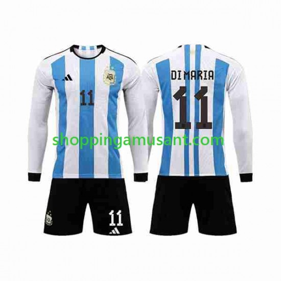 Maillot de Foot Argentine 3 Stars Di Maria 11 Enfant Domicile Coupe du Monde 2022 Manche Longue