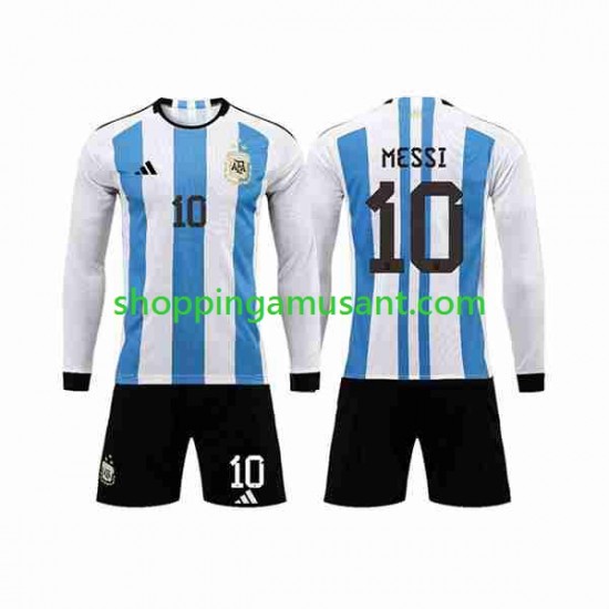 Maillot de Foot Argentine 3 Stars Lionel Messi 10 Enfant Domicile Coupe du Monde 2022 Manche Longue