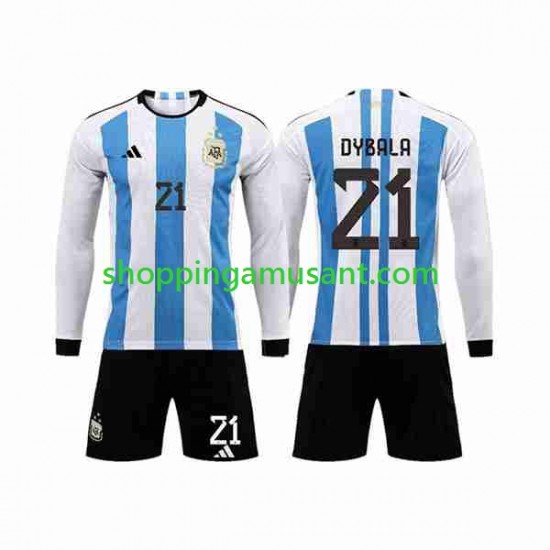 Maillot de Foot Argentine 3 Stars Paulo Dybala 21 Enfant Domicile Coupe du Monde 2022 Manche Longue