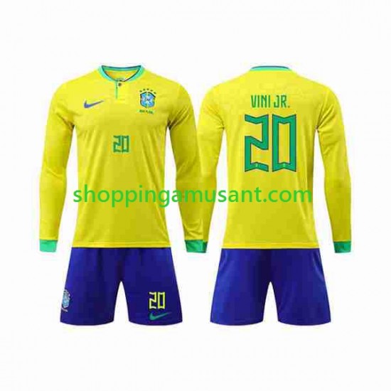 Maillot de Foot Brésil Vinicius Junior 20 Enfant Domicile Coupe du Monde 2022 Manche Longue