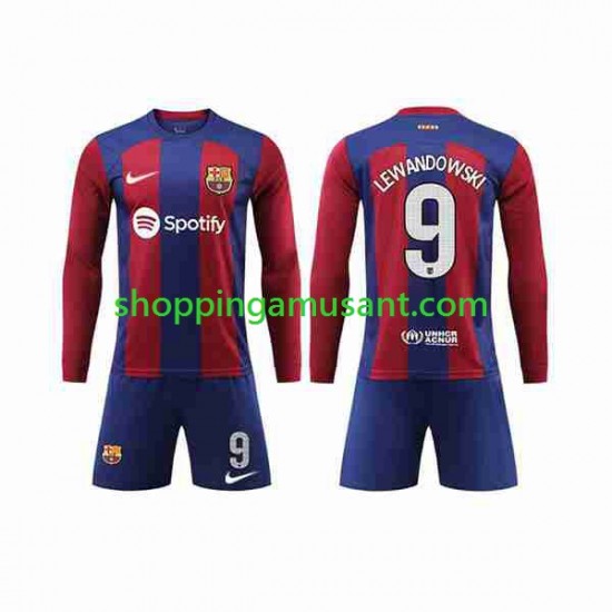 Maillot de Foot FC Barcelone LEWANDOWSKI 9 Enfant Domicile 2023-2024 Manche Longue