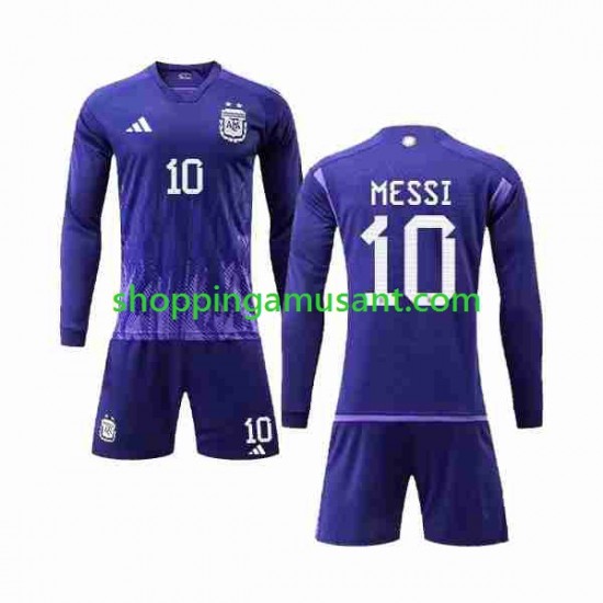 Maillot de Foot Argentine 3 Stars Lionel Messi 10 Enfant Extérieur Coupe du Monde 2022 Manche Longue