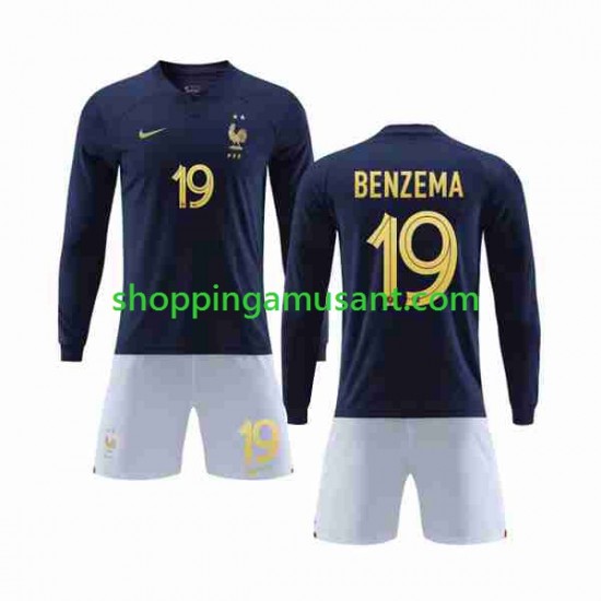 Maillot de Foot France Benzema 19 Enfant Domicile Coupe du Monde 2022 Manche Longue
