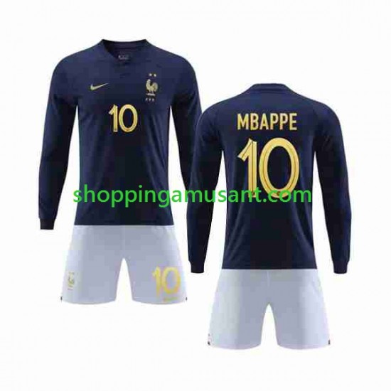 Maillot de Foot France Mbappé 10 Enfant Domicile Coupe du Monde 2022 Manche Longue