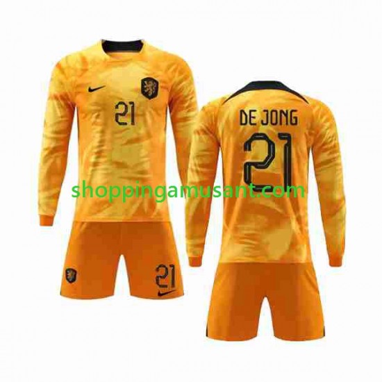 Maillot de Foot Pays-Bas De Jong 21 Enfant Domicile Coupe du Monde 2022 Manche Longue