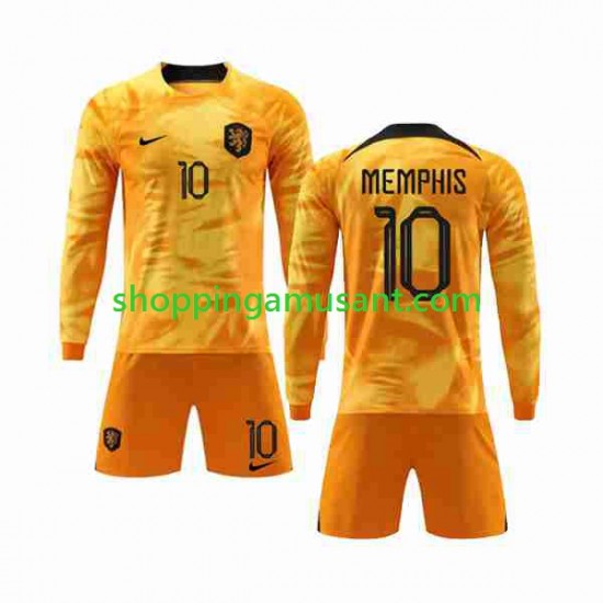 Maillot de Foot Pays-Bas Memphis 10 Enfant Domicile Coupe du Monde 2022 Manche Longue