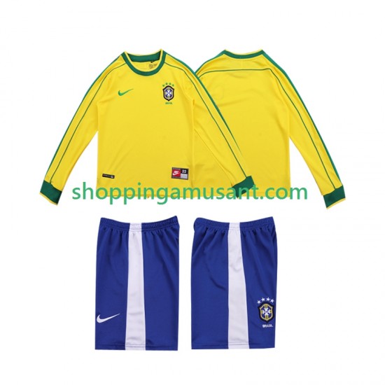 Maillot de Foot Brésil Rétro Enfant Domicile 1998 Manche Longue