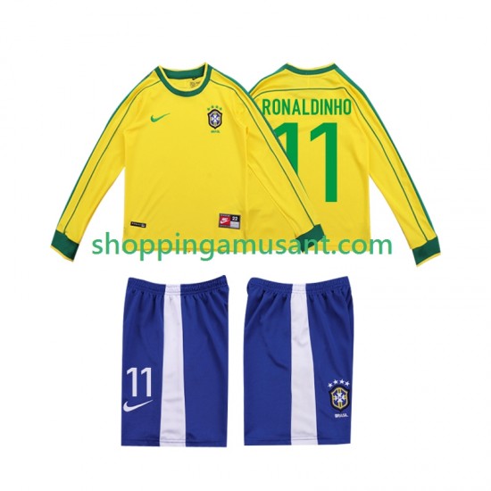 Maillot de Foot Brésil RONALDINHO 11 Rétro Enfant Domicile 1998 Manche Longue