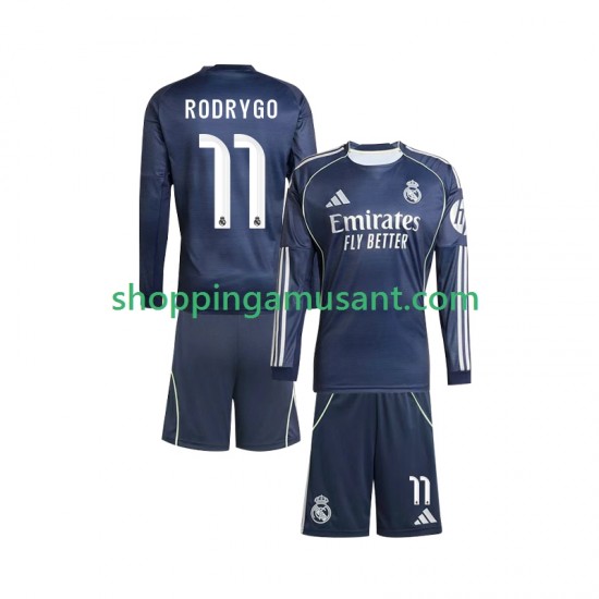 Maillot de Foot Real Madrid Rodrygo 11 Enfant Extérieur 2025-2026 Manche Longue