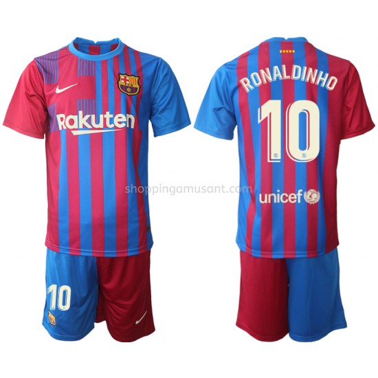 Maillot de Foot FC Barcelone Ronaldinho 10 Enfant Domicile 2021-2022 Manche Courte