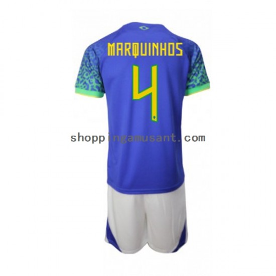 Maillot de Foot Brésil Marquinhos 4 Enfant Extérieur Coupe du Monde 2022 Manche Courte