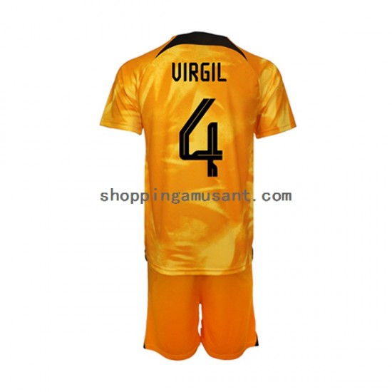 Maillot de Foot Pays-Bas Virgil van Dijk 4 Enfant Domicile Coupe du Monde 2022 Manche Courte