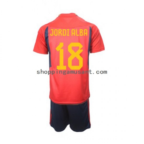 Maillot de Foot Espagne Jordi Alba 18 Enfant Domicile Coupe du Monde 2022 Manche Courte
